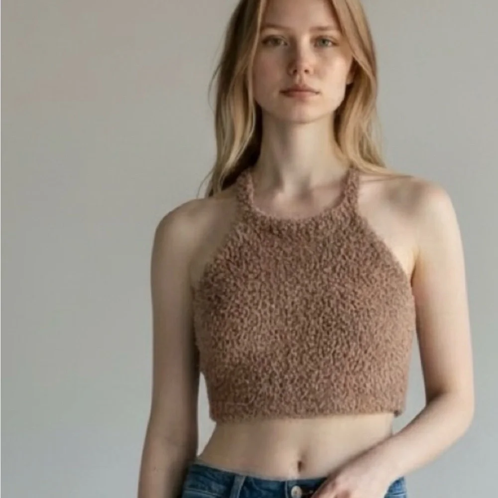 Skims Cozy knit lounge Cozy Sherpa Crop Halter bra Top open back tie NWT